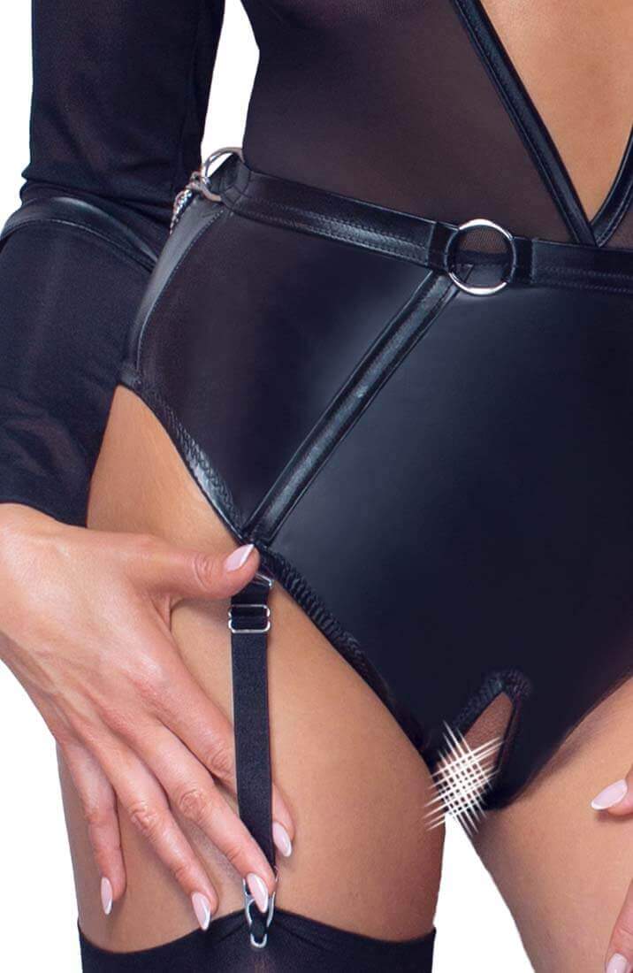 Black crotchless bodysuit lingerie with arm restraints