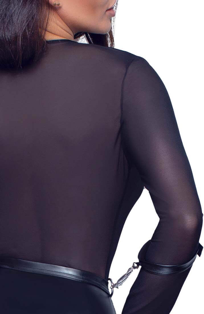 Black crotchless bodysuit lingerie with arm restraints
