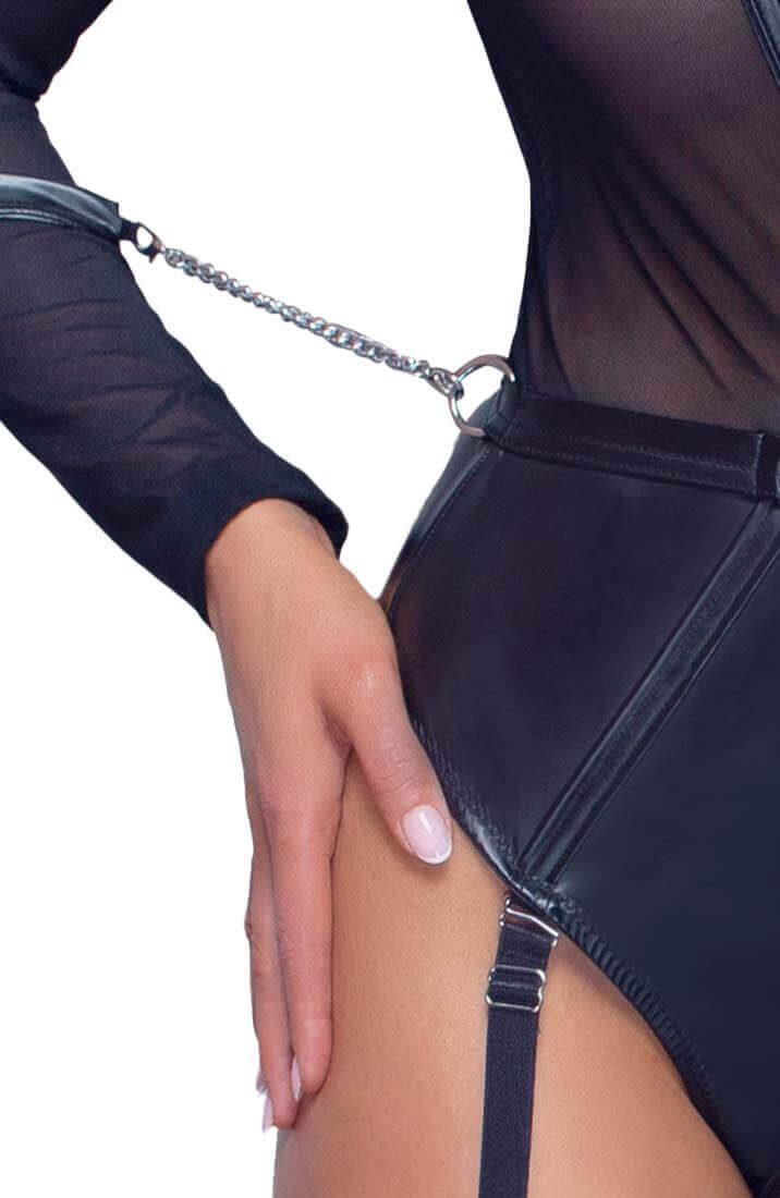Black crotchless bodysuit lingerie with arm restraints