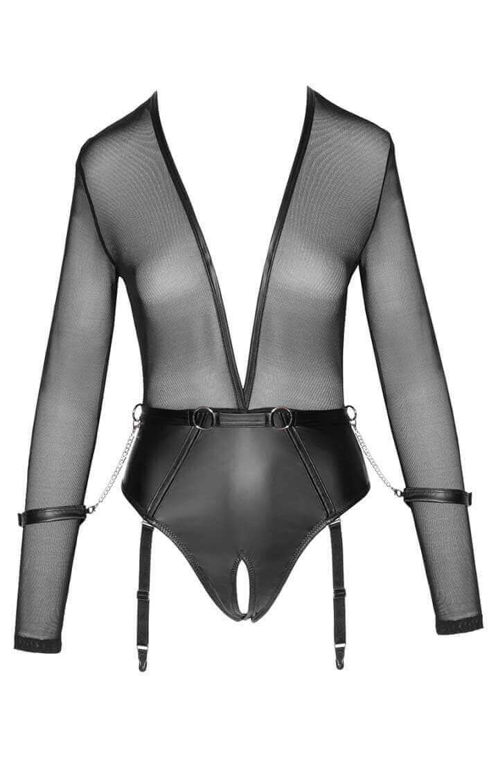 Black crotchless bodysuit lingerie with arm restraints