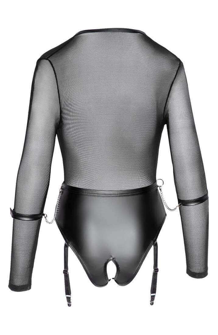 Black crotchless bodysuit lingerie with arm restraints