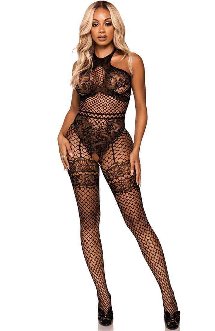 Black crotchless halter neck bodystocking