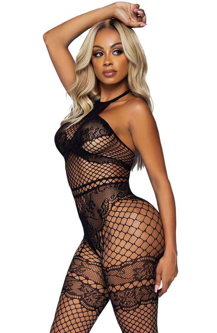 Black crotchless halter neck bodystocking