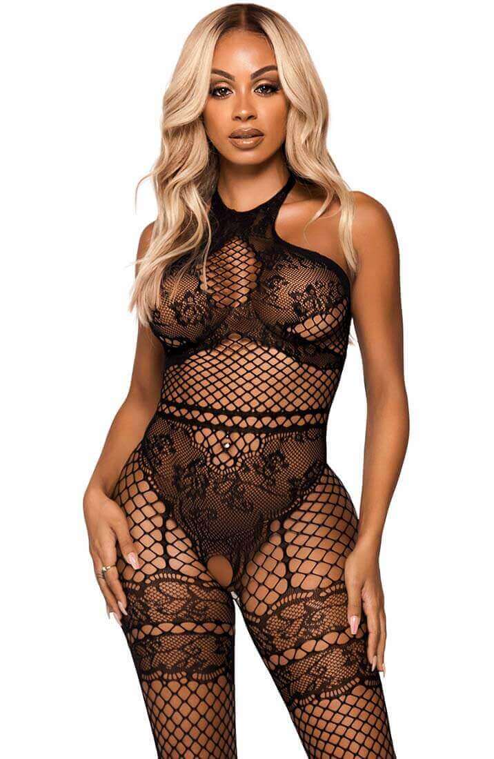 Black crotchless halter neck bodystocking