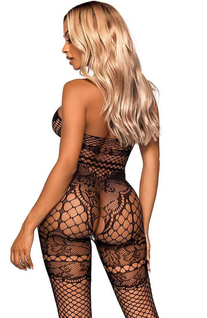Black crotchless halter neck bodystocking