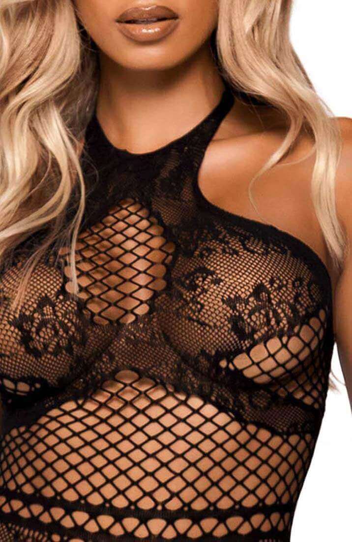 Black crotchless halter neck bodystocking