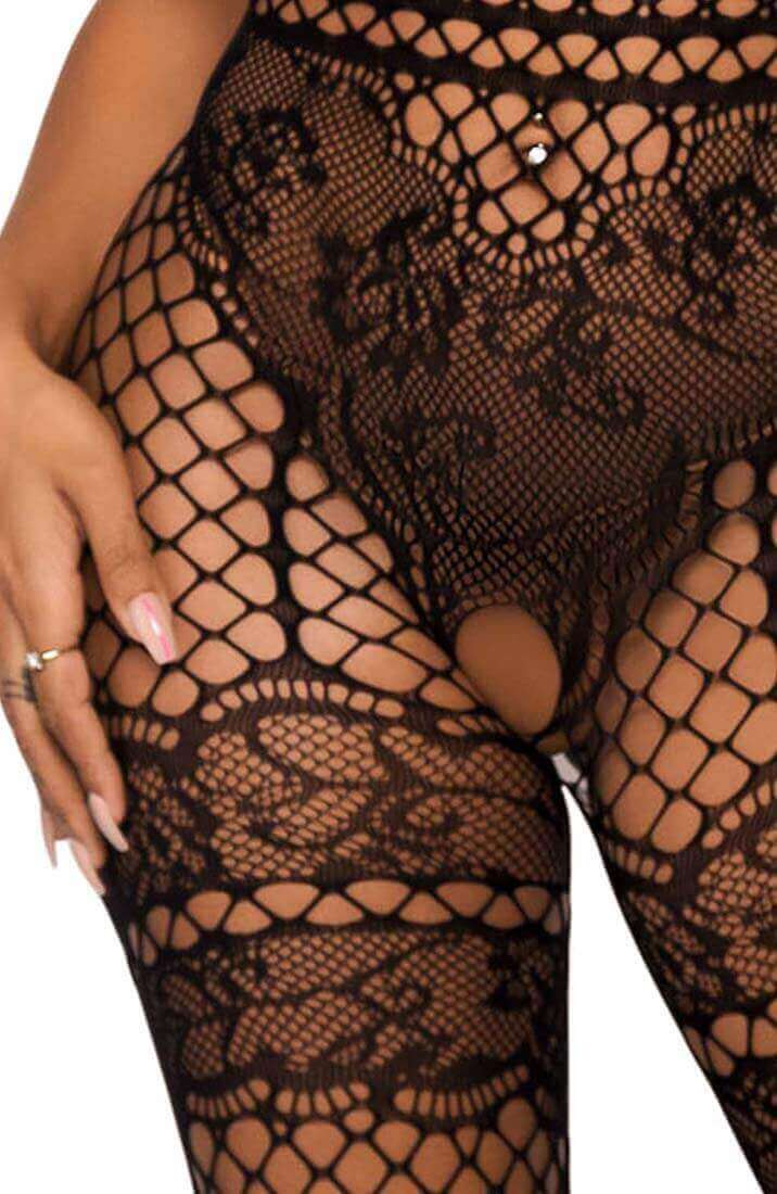 Black crotchless halter neck bodystocking