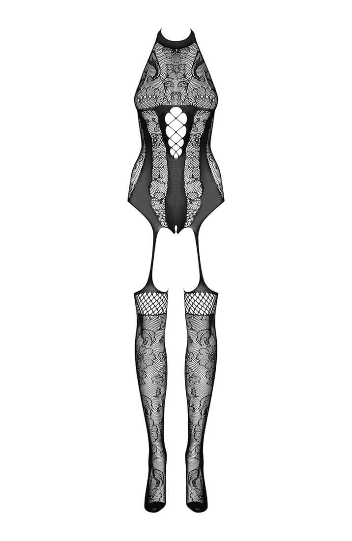 Black crotchless suspender bodystocking