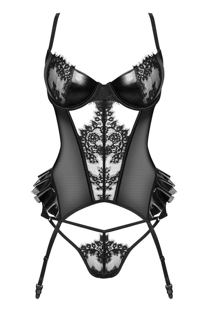 Black crotchless wet look X lace bustier set