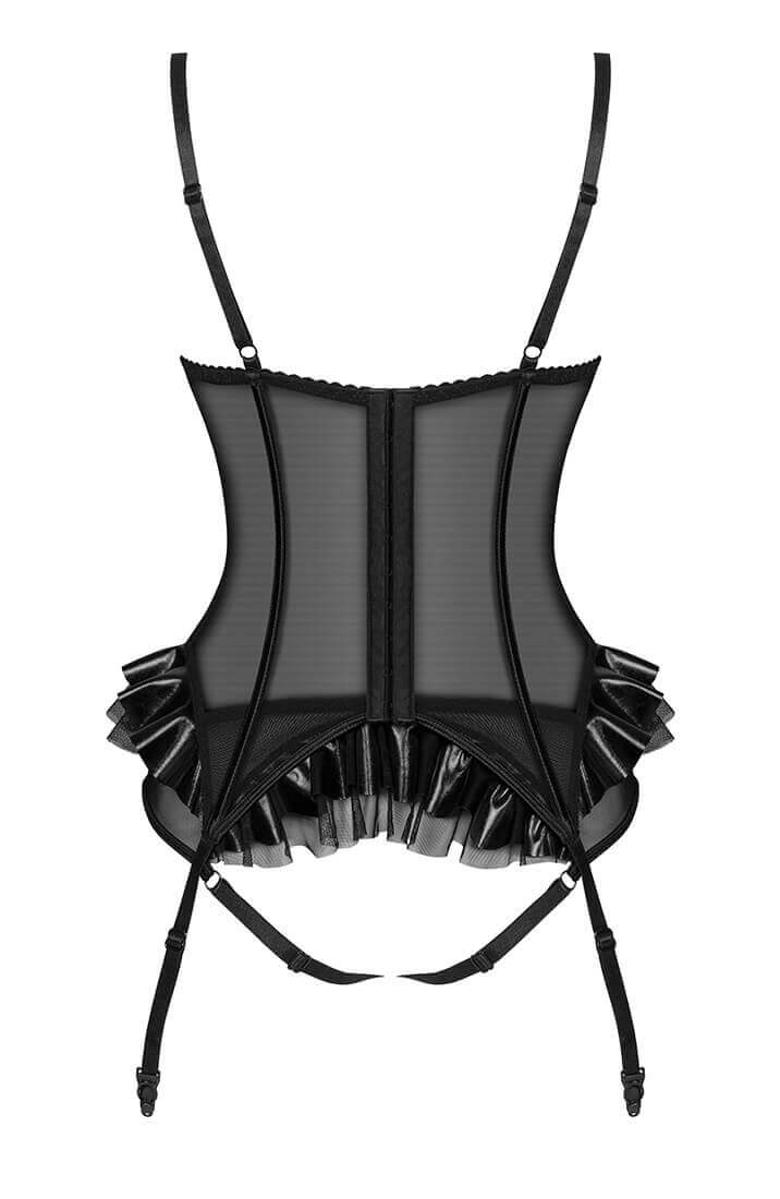 Black crotchless wet look X lace bustier set