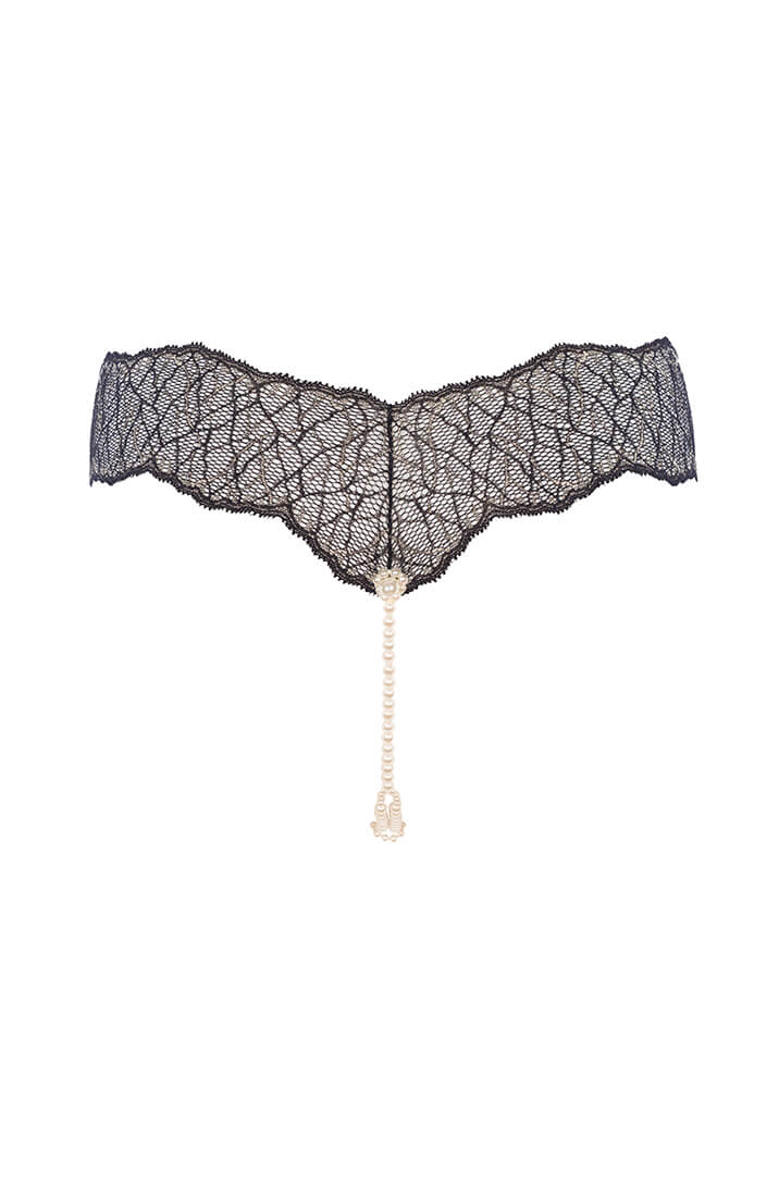 Black Lace G-String With Pearl Strings And Gold Lurex - Luxury Style