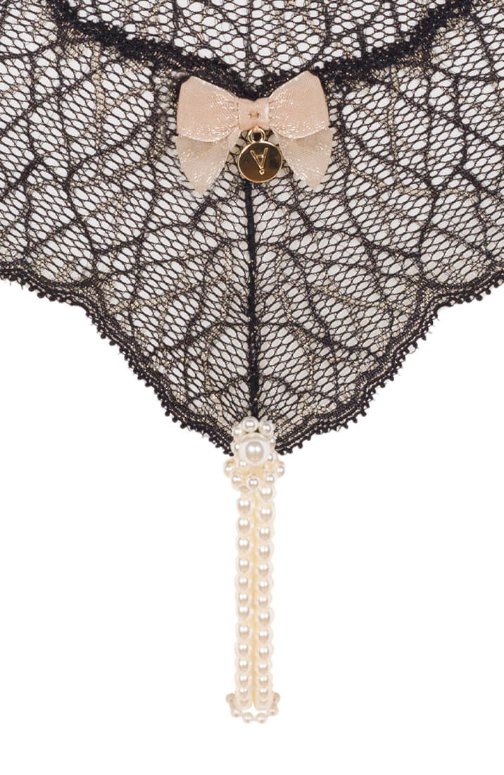 Black Thong With Double Pearl String Detail - Elegant Intimate Lingerie