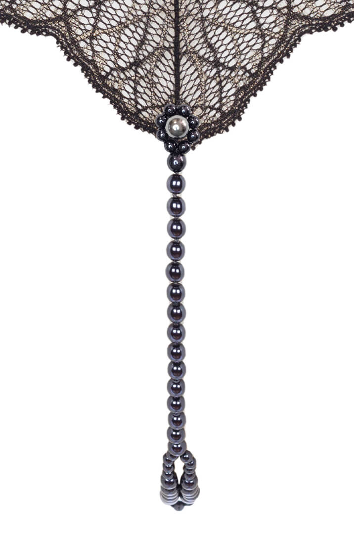 Luxury black lace thong with black double pearl string by COAX Copenhagen
