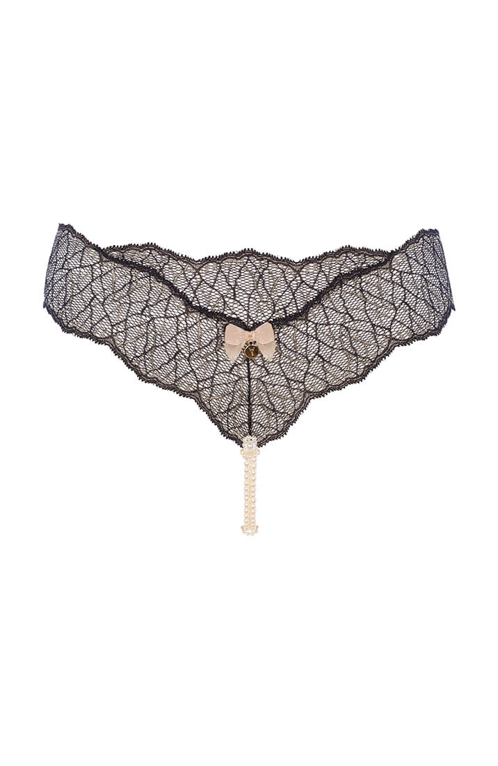 Black Lace Thong With Double Pearl String - Luxury Lingerie COAX Copenhagen