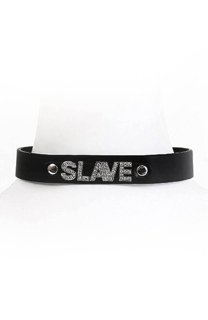 Black faux leather choker collar - SLAVE