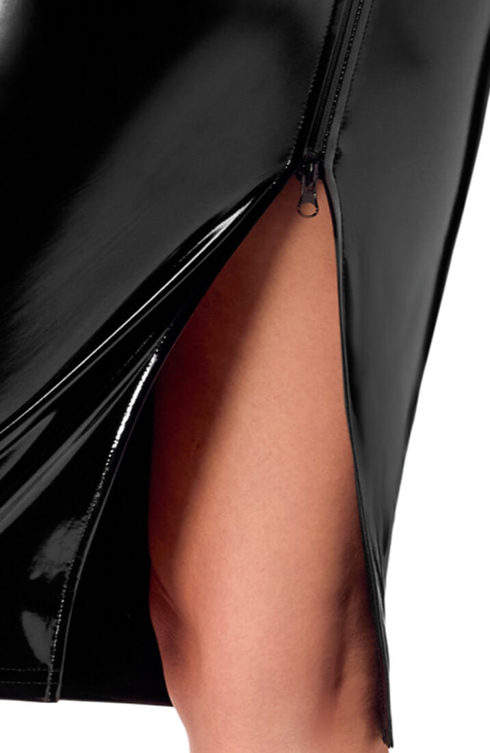 Double zipper detail on high-shine fetish skirt