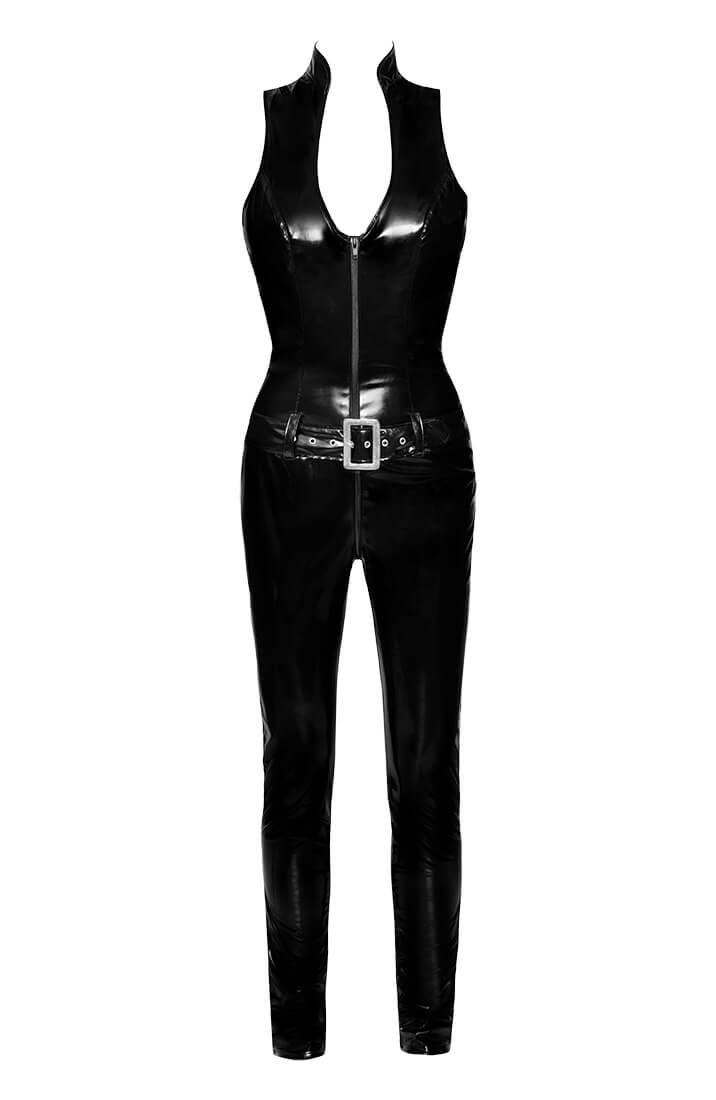 High-shine black vinyl catsuit with a sculpting belt - a bold statement in seduction and style