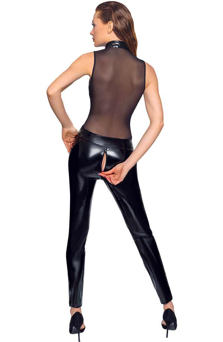 Second-skin fit, liquid-shine finish - black vinyl catsuit with a belt for a sculpted, high-fashion edge
