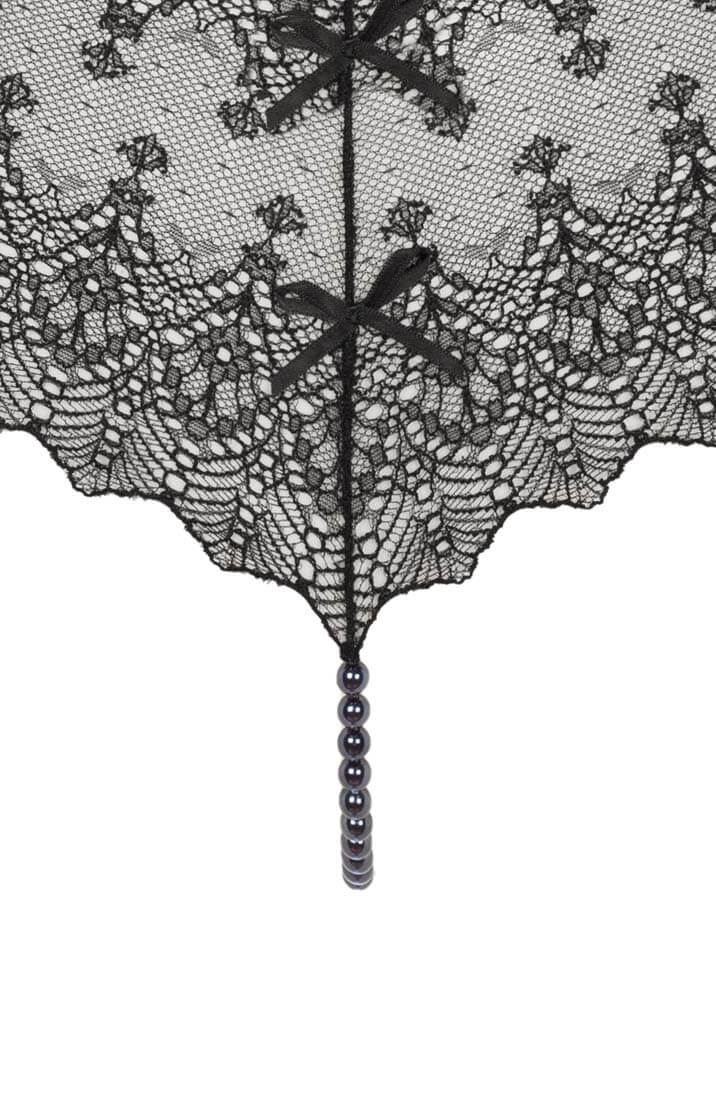 Sheer black mesh panty with black pearls and satin ribbon detail - COAX Copenhagen