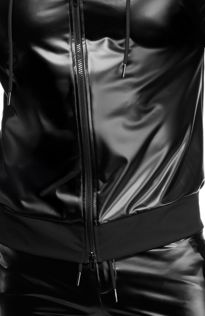 Black Hooded Wet Look Jacket - Night Runner
