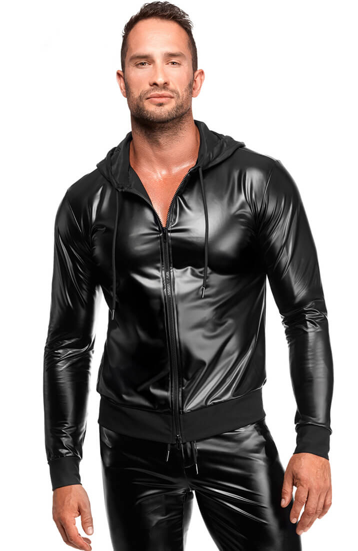 Black Hooded Wet Look Jacket - Night Runner