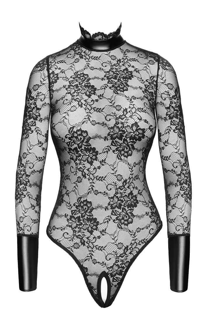 Sheer floral lace thong bodysuit with fetish wet look details - COAX Fetish collection