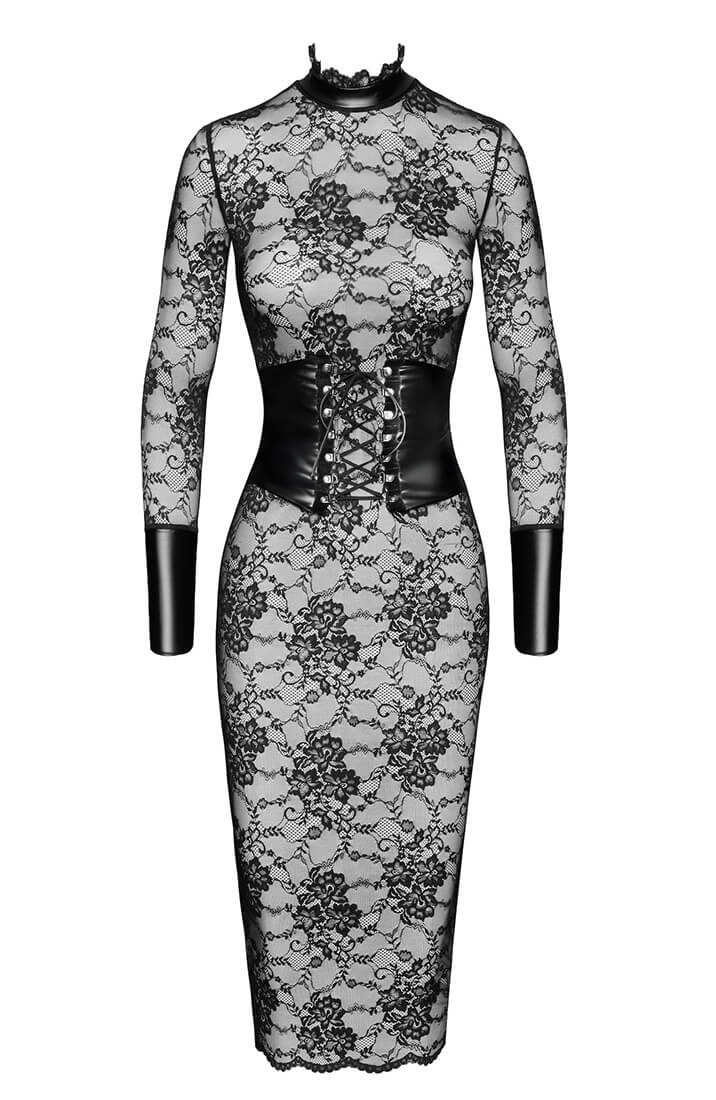 COAX Fetish black lace midi dress with waist-cinching corset