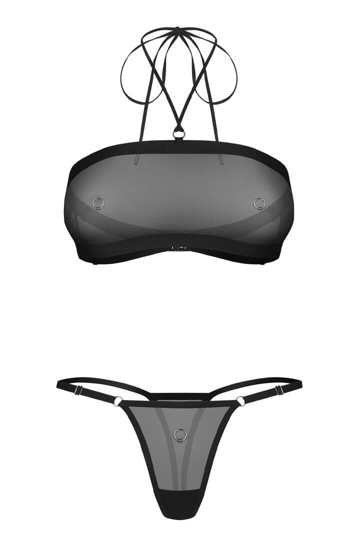 Black piercing lingerie set with sheer mesh bra and matching thong