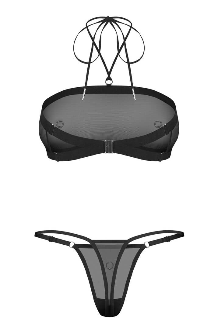 Strappy black lingerie set with sheer mesh and body piercing illusion details