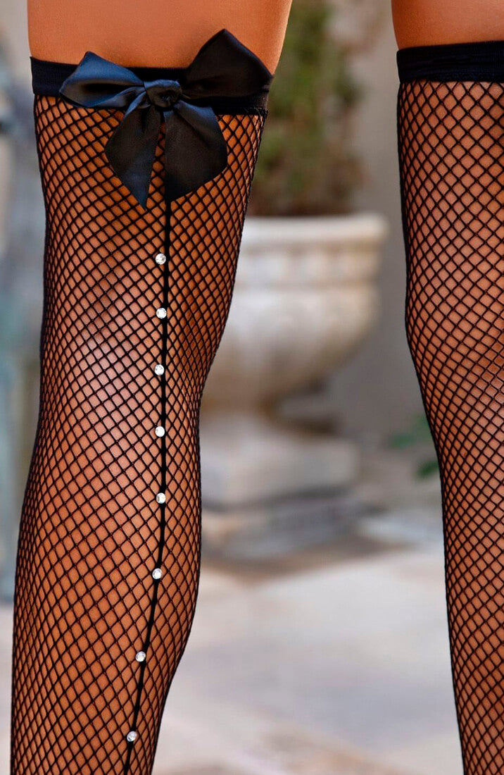 Black net thigh highs with bow & rhinestone backseam - close up