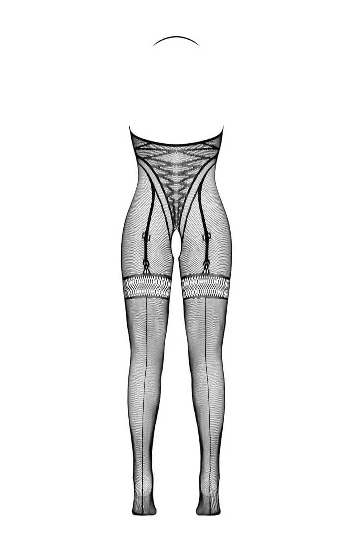 Black crotchless lingerie bodystocking with open back and halter neck