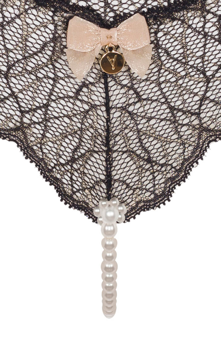 Black Italian Lace Thong With White Manacor Pearl - Sensual Lingerie
