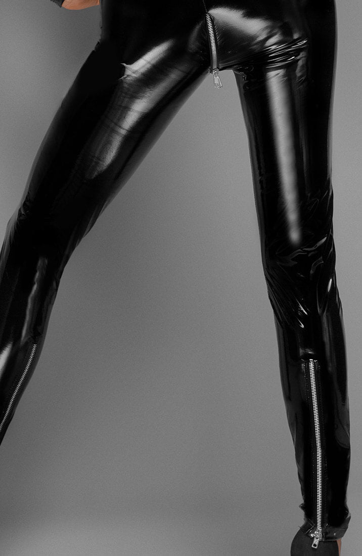 Dominate the room in this ultra-glossy black PVC catsuit with a versatile 3-way zipper - power has never looked this good