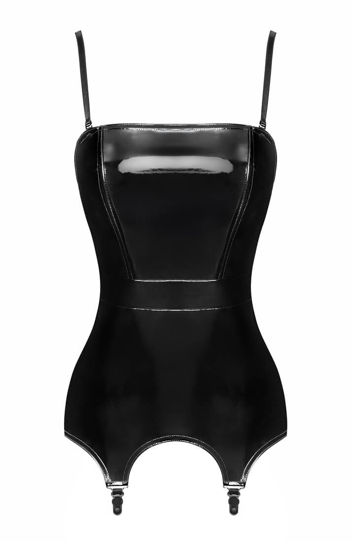 Glossy PVC lingerie corset with metal hardware and sleek silhouette
