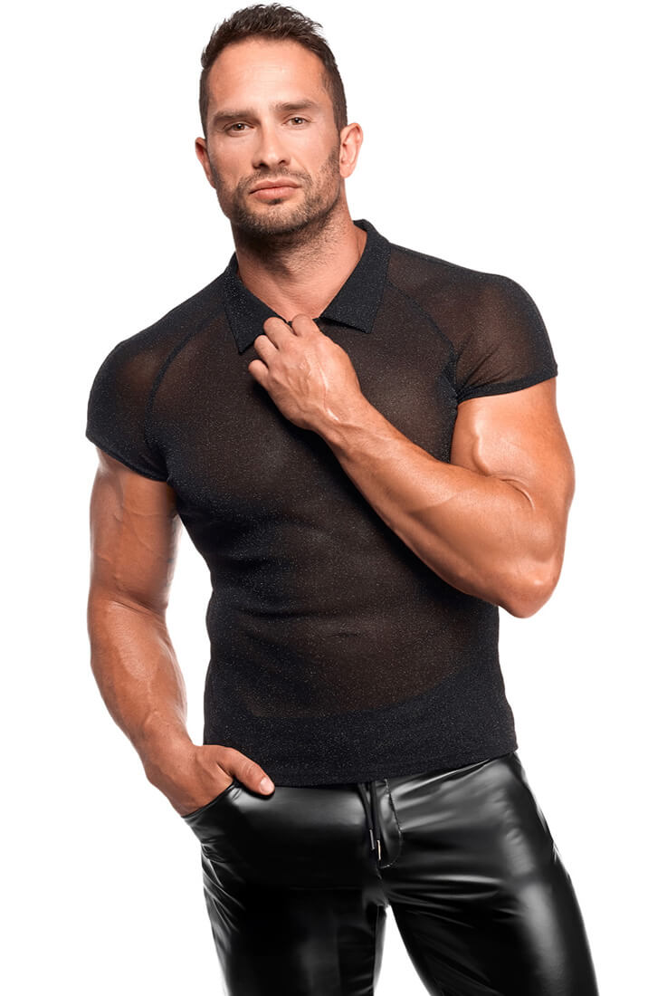 Black Sheer Shimmer Polo Shirt - Onyx Whisper