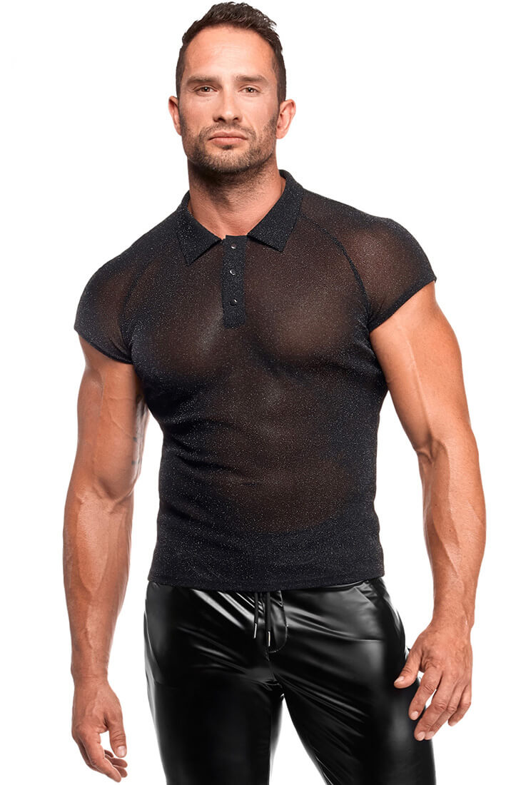 Black Sheer Shimmer Polo Shirt - Onyx Whisper
