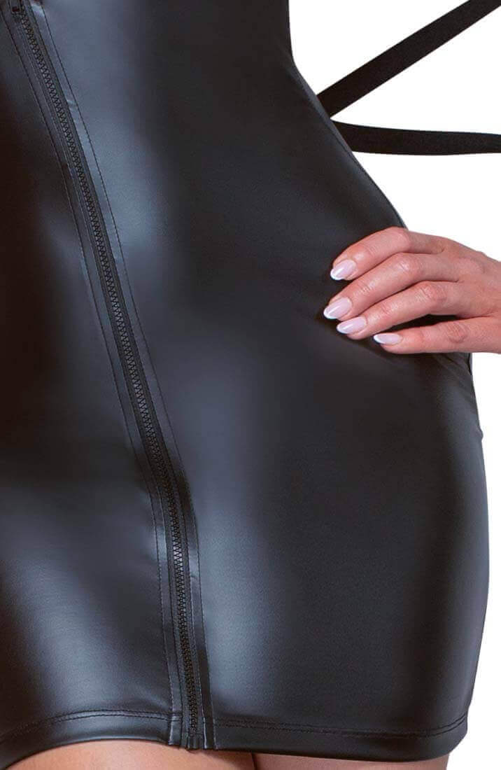 Black soft bondage wet look dress with tie-back