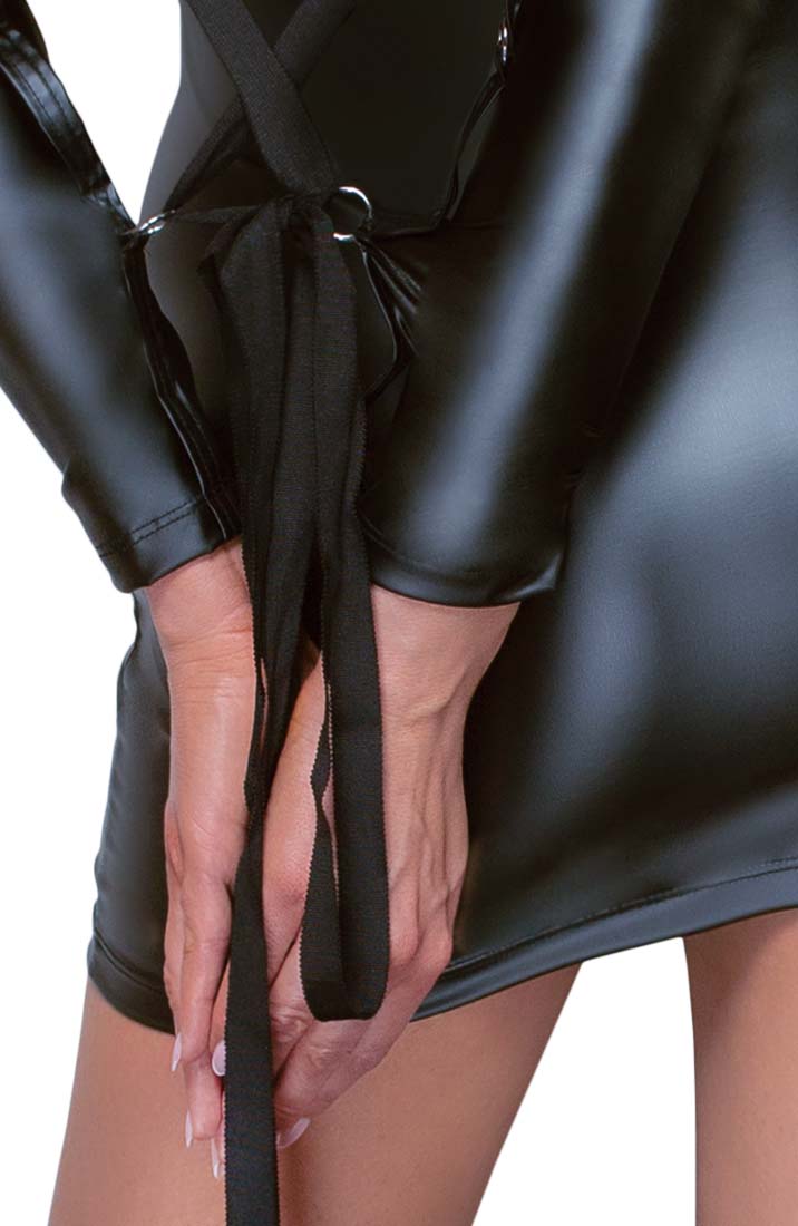 Black soft bondage wet look dress with tie-back