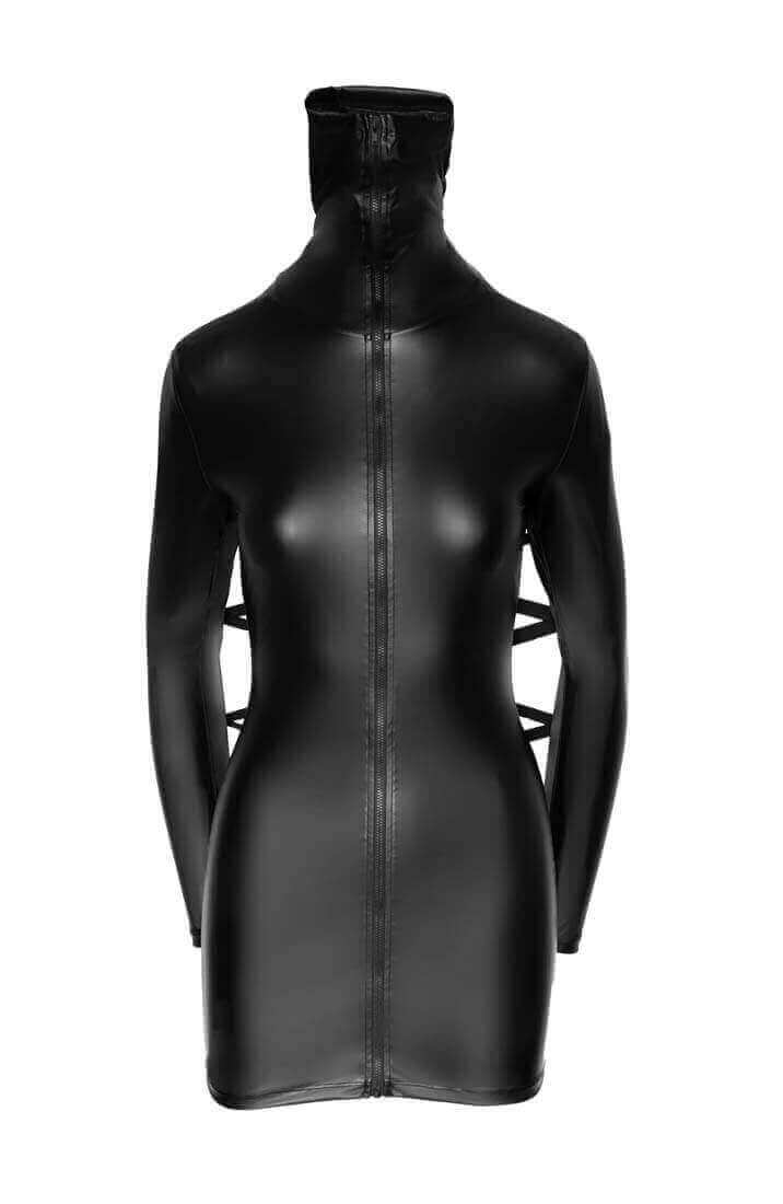 Black soft bondage wet look dress with tie-back