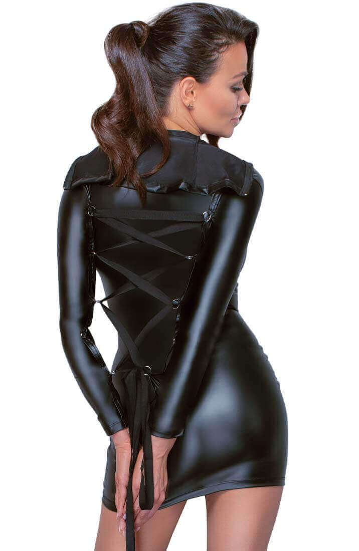 Black soft bondage wet look dress with tie-back