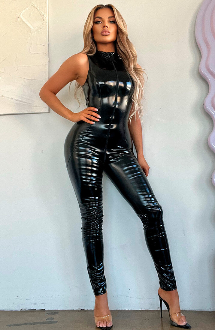 COAX Copenhagen’s ultra-glossy black vinyl catsuit with latex shine - a second skin designed to stun