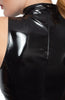 Skin-tight black vinyl catsuit with black 2-way zip