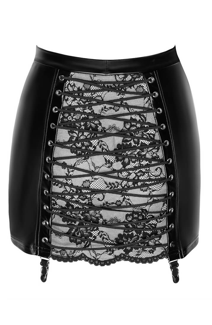 Black wet look mini skirt with lace-up back