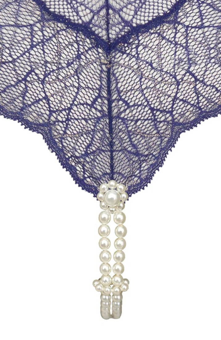 Deep Blue Italian Lace Bodysuit With White Pearl Detail - Sensual Lingerie