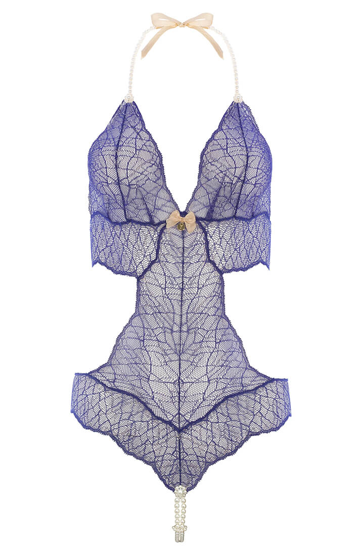Blue Lace Bodysuit With Double Pearl String - Luxury Lingerie COAX Copenhagen