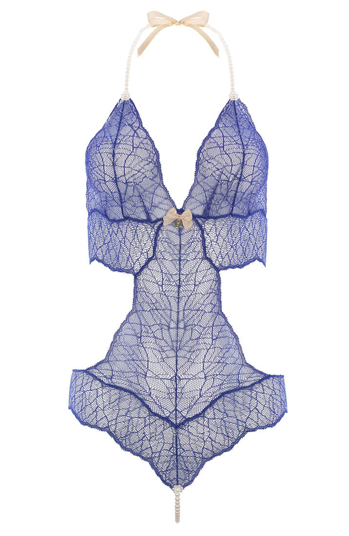 Elegant blue bodysuit with gold lurex and white pearl string from COAX Copenhagen