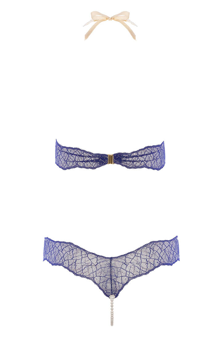 COAX Copenhagen luxury blue bodysuit with stimulating Manacor pearls and sheer lace