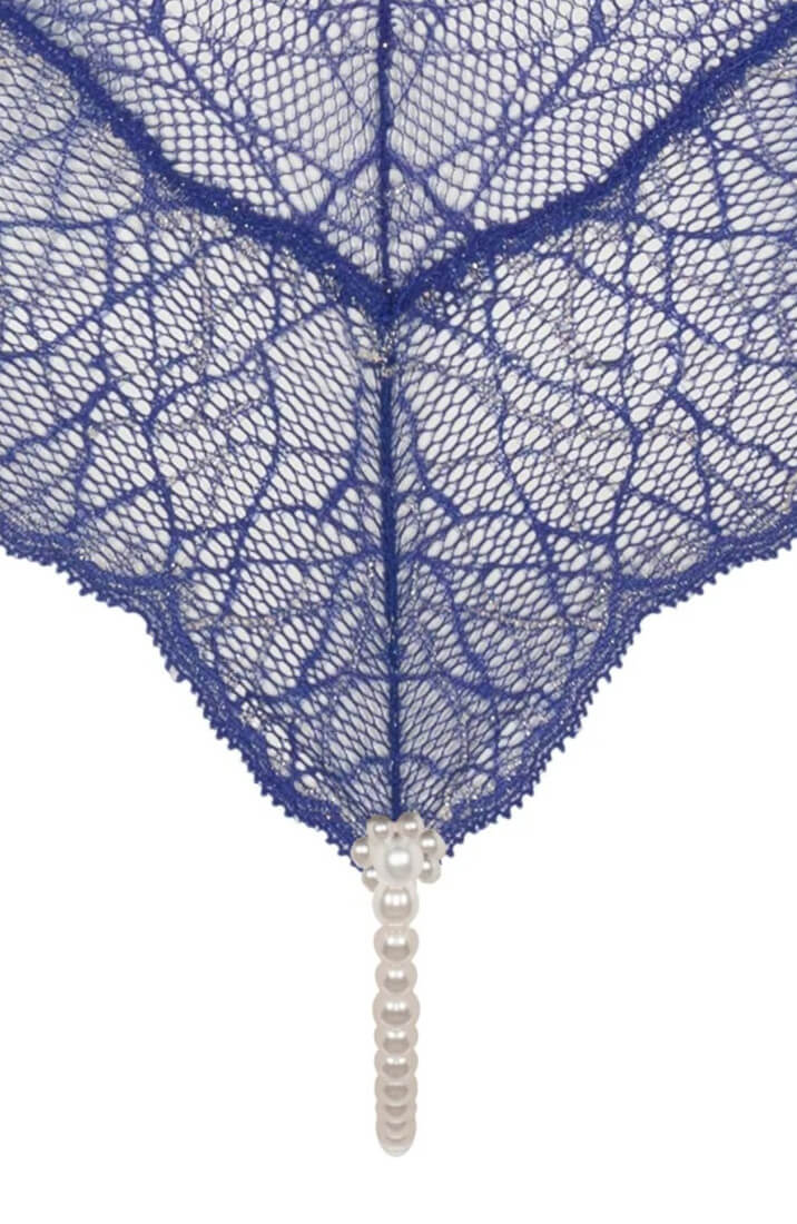 Blue Italian lace bodysuit with single pearl string for intimate stimulation by COAX Copenhagen