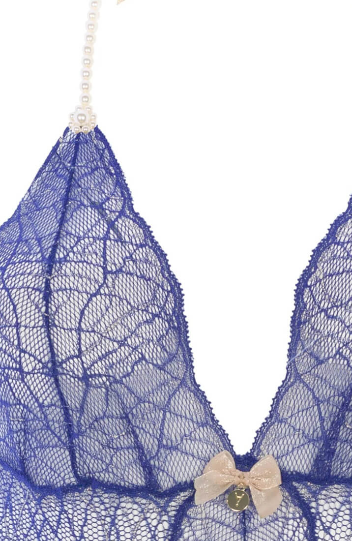 COAX Copenhagen blue bodysuit with gold accents and white pearl string detail