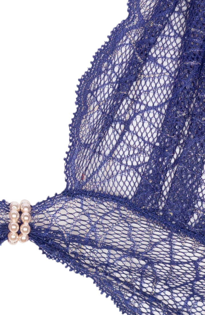 Deep blue lace bralette with white pearl choker by COAX Copenhagen
